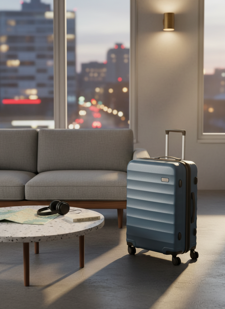 A contemporary carry-on suitcase with a hard, matte shell in muted slate blue stands beside a low, mid-century modern sofa in a stylish boutique hotel lobby. A neatly folded map, a pair of noise-canceling headphones, and a slim travel guidebook rest on a nearby terrazzo coffee table. Behind, towering windows reveal the blurred lights of an evening cityscape. Warm, golden-hour light blends with soft interior sconces, casting long, clean shadows and subtle highlights on the suitcase’s ridges. Photographic realism, composed using the rule of thirds from a slightly elevated angle, emphasizing anticipation and poised departure, with an understated, sophisticated mood suited to a modern lifestyle travel blog.