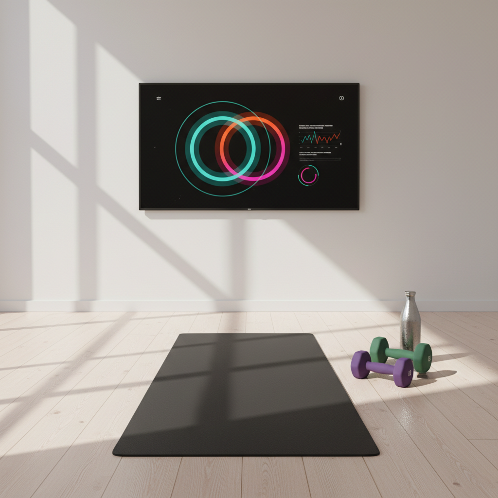 A minimalist home gym corner features a matte black yoga mat aligned perfectly on pale oak flooring, beside a set of neatly stacked, soft-touch dumbbells in muted jewel tones and a stainless-steel water bottle with condensation beading on its surface. Against the wall, a mounted screen displays an abstract fitness interface with colorful progress rings and graphs, deliberately unreadable. Morning sunlight streams through a nearby window, casting crisp, geometric shadows and highlighting the subtle textures of rubber, metal, and wood. Photographic realism, composed with clean lines and ample negative space, captured at eye level. The mood is focused and aspirational, blending fitness, technology, and modern lifestyle aesthetics for a sophisticated wellness feature.