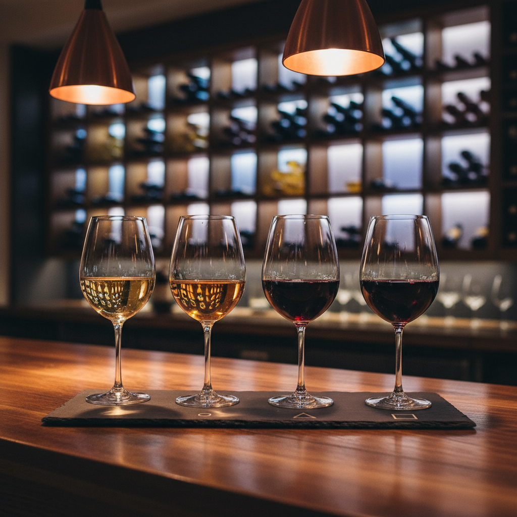 A polished wooden bar counter holds a curated flight of four wine glasses, each filled with a different hue from pale straw to inky garnet, arranged on a dark slate board etched with minimalist markers instead of text. In the background, an elegantly lit wall of wine bottles forms a soft, geometric pattern, deliberately out of focus. Overhead pendant lights cast warm, focused pools of light that create delicate reflections and refractions through the glass, with subtle shadows stretching across the bar’s grain. Photographic realism, captured from a low, close-up angle, with shallow depth of field highlighting the liquid’s rich texture. The atmosphere is intimate, sophisticated, and quietly celebratory, ideal for a lifestyle piece on wine discoveries.