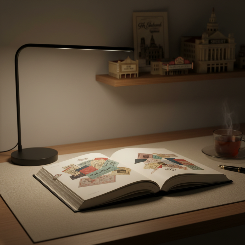 An open hardcover notebook with thick, ivory pages lies on a linen-covered desk, its left page filled with neatly arranged clippings of theater tickets and printed playbills rendered as abstract shapes with no readable text. A slim, black reading lamp arcs overhead, casting a pool of soft, focused light that fades into gentle darkness around the desk’s edges. In the background, a blurred wall-mounted shelf displays miniature models of famous theaters and a vintage-style program. Photographic realism, shot from a slightly elevated three-quarter angle with a medium depth of field. The mood is reflective and cultured, evoking quiet late-night journaling about Broadway shows and performance experiences in a chic city apartment.